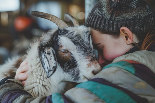 rescued goat snuggling with volunteer in peaceful barn the goats gentle bleats echoing the bond between human and animal photo