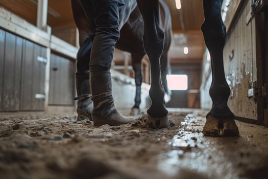 Horse Grooming Attentive Groomer Inspecting Hooves with Background photo