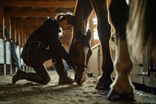 Horse Grooming Attentive Groomer Inspecting Hooves with Background photo