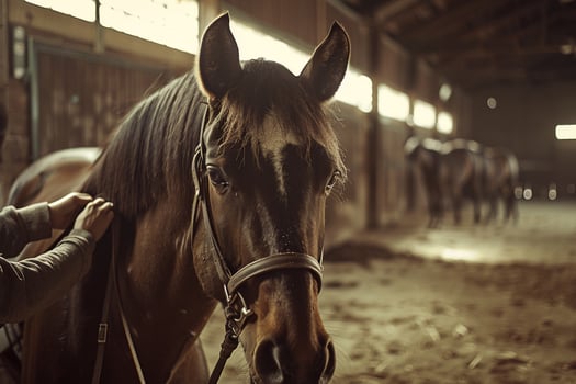 Horse Grooming Bonding Groomer Braiding Mane in Barn with Background photo