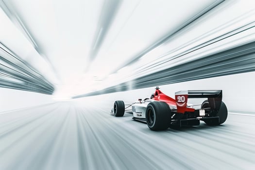Race Car Speeding Past in  on White CycloramBackground Capturing the Intensity of Motorsport Racing photo
