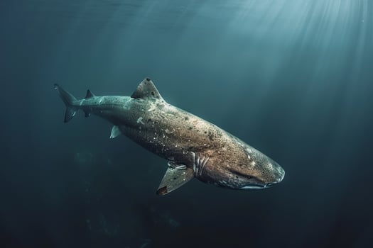 Majestic Greenland Shark Cruising Silently Through Deep Arctic Waters Its Ancient Form Contrasting with the Modern Arctic Environment nature background photo