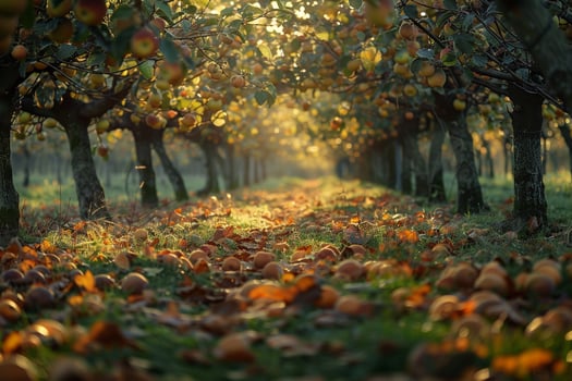 Peaceful orchard with fruit trees and fallen leaves  nature background photo