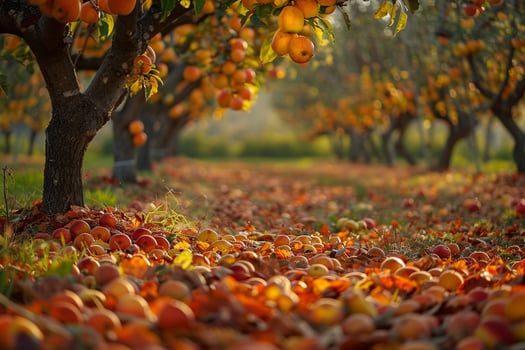 Peaceful orchard with fruit trees and fallen leaves  nature background photo