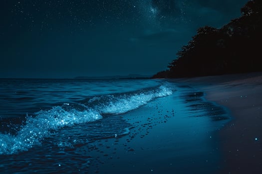 Enchantment bioluminescent waves washing up on sandy beach under starry night sky nature background photo