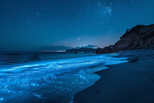 Enchantment bioluminescent waves washing up on sandy beach under starry night sky nature background photo