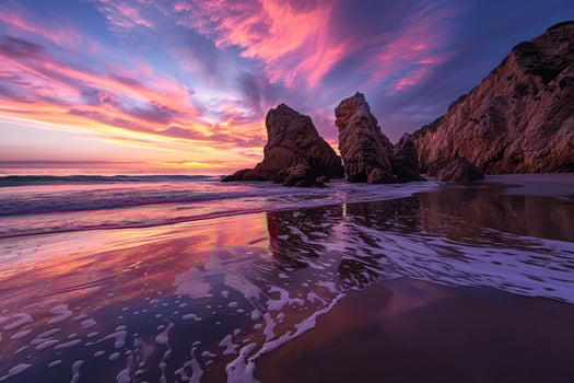 Enchantment beach with rock formations emerging from the water under vibrant sunset sky nature background photo