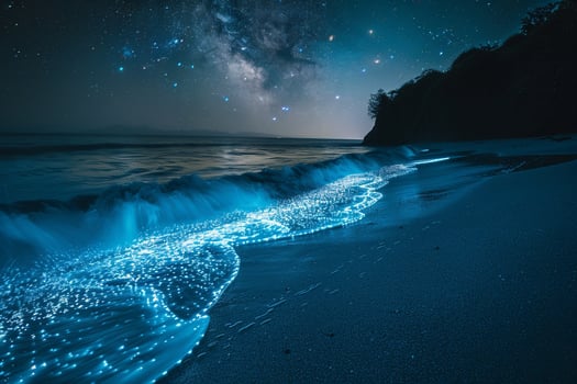 Enchantment Bioluminescent plankton lighting up the waves on secluded beach under starry night sky nature background photo