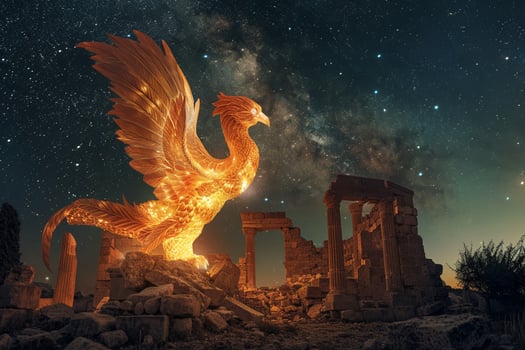 Enigmatic Fiery phoenix sculpture glowing amidst ancient ruins under starlit sky nature background photo