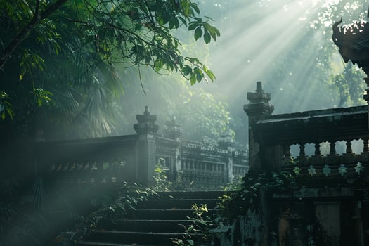 Sunlight filtering through mist shrouded leaves in secluded mountain temple garden with serene nature background photo