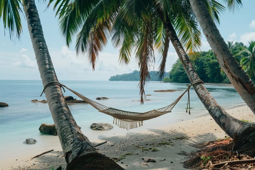 Beach with palm trees and hammock tied between two trees overlooking turquoise waters nature background photo