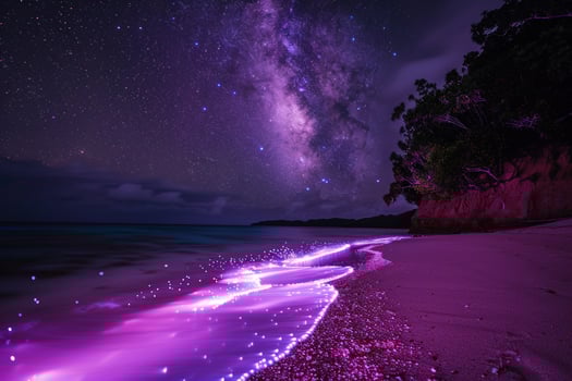 Beach nature background with pink sand glowing under starry night sky with bioluminescent plankton lighting up the water photo