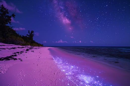 Beach nature background with pink sand glowing under starry night sky with bioluminescent plankton lighting up the water photo