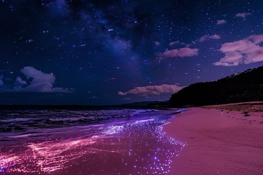 Beach nature background with pink sand glowing under starry night sky with bioluminescent plankton lighting up the water photo