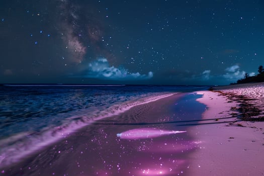 Beach with pink sand glowing under starry night sky with bioluminescent plankton lighting up the water nature background photo