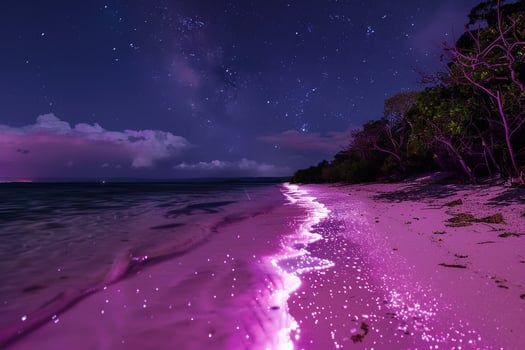 Beach with pink sand glowing under starry night sky with bioluminescent plankton lighting up the water nature background photo