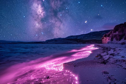 Beach with pink sand glowing under starry night sky with bioluminescent plankton lighting up the water nature background photo