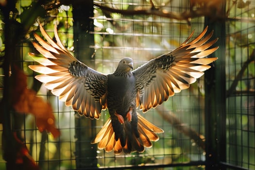 Animal Rescue Hopeful rescued bird spreading its wings in flight aviary feathers catching the sunlight in breathtaking display of freedom nature background photo