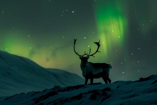 Regal Caribou stag standing proudly on snowcovered hillside with antlers silhouetted against the AurorBorealis dancing in the Arctic night sky photo