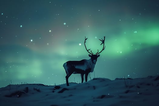Regal Caribou stag standing proudly on snowcovered hillside with antlers silhouetted against the AurorBorealis dancing in the Arctic night sky photo