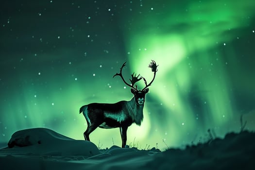 Regal Caribou stag standing proudly on snowcovered hillside with antlers silhouetted against the AurorBorealis dancing in the Arctic night sky photo