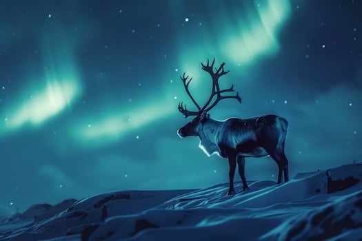 Regal Caribou stag standing proudly on snowcovered hillside with antlers silhouetted against the AurorBorealis dancing in the Arctic night sky photo