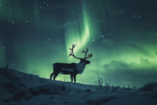 Regal Caribou stag standing proudly on snowcovered hillside with antlers silhouetted against the AurorBorealis dancing in the Arctic night sky photo
