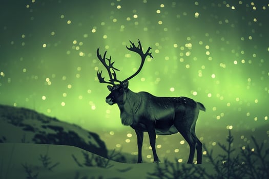 Regal Caribou stag standing proudly on snowcovered hillside with antlers silhouetted against the AurorBorealis dancing in the Arctic night sky photo