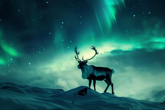 Regal Caribou stag standing proudly on snowcovered hillside with antlers silhouetted against the AurorBorealis dancing in the Arctic night sky photo