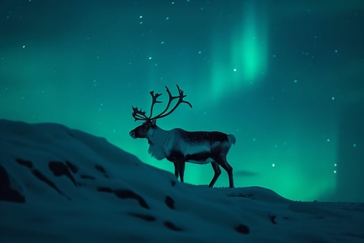 Regal Caribou stag standing proudly on snowcovered hillside with antlers silhouetted against the AurorBorealis dancing in the Arctic night sky photo