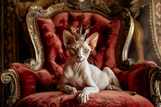 Regal Sphinx Cat Sitting Elegantly on Velvet Throne with Crown of Feathers Resting on Its Head photo