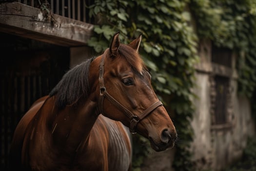 Majestic Horse Being Groomed with  Brush in Stable Courtyard Background with IvyCovered Walls photo