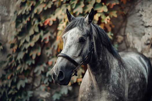 Majestic Horse Being Groomed with  Brush Background in Picturesque Stable Courtyard with IvyCovered Walls photo