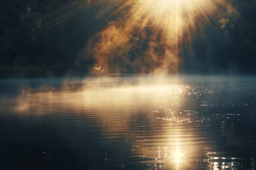 Landscape Sunlight Reflecting Off Serene Lake with Mist Rising from the Water nature background photo