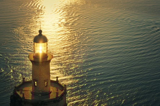 Seascape Lighthouse Bathed in Golden Sunlight Against  of Calm Azure Waters nature background photo