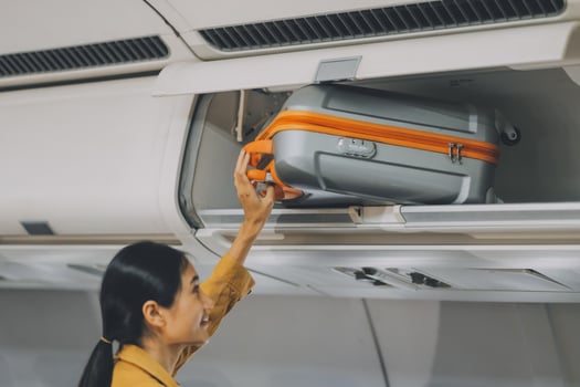 Young Female Tourist Storing Luggage in Overhead Compartment on Airplane During Travel photo