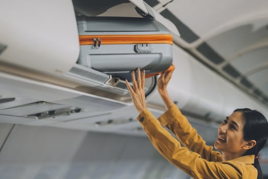 Young Female Tourist Storing Luggage in Overhead Compartment on Airplane During Travel photo