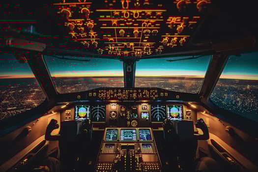 The cockpit of an airplane at night, with a view of a city skyline illuminated by streetlights. photo