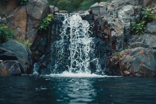 serene waterfall flowing gently into pool framed by rocks and greenery nature background photo