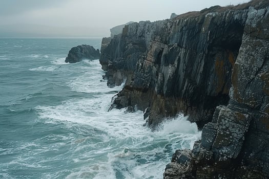 Patterns of waves crashing on rocky shoreline creating foam patterns against the rugged cliffs   nature background photo