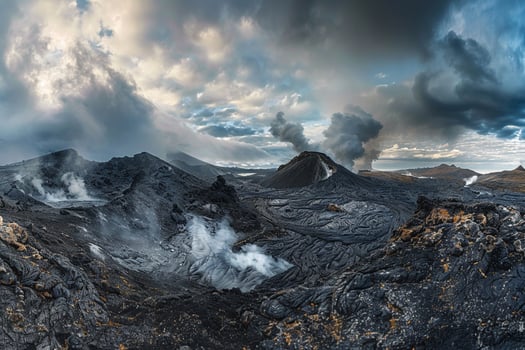 Landscape nature background Inspiring panoramic of volcanic landscape with steaming vents and rugged terrain under dramatic sky with swirling clouds photo