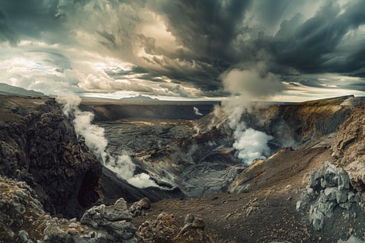 Landscape nature background Inspiring panoramic of volcanic landscape with steaming vents and rugged terrain under dramatic sky with swirling clouds photo