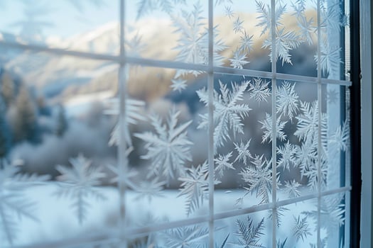 nature background Windowpane Frost with Snowy Mountain photo