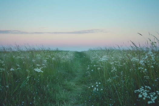 nature background Serene Meadow with Winding Path and Pastel Sky at Dusk photo