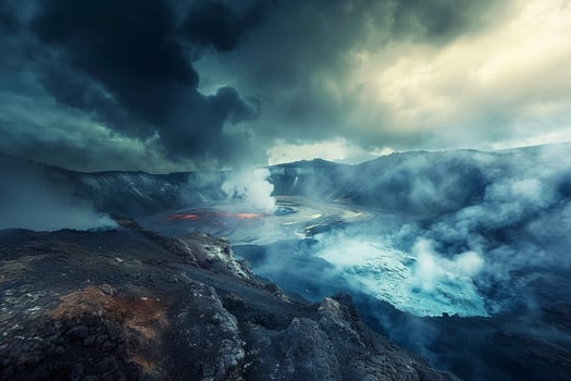 Dramatic Volcanic Crater with Steaming Geysers and Colorful Mineral Pools Under Moody Sky nature background photo