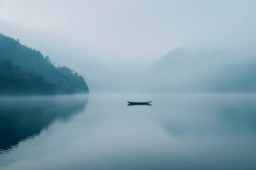 Foggy Morning on Serene Lake Surrounded by MistCovered Mountains with Lone Boat Background Nature photo