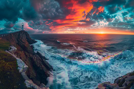 Coastal Cliffside with Lighthouse and Crashing Waves Inspiring Fiery Sunset Sky Background Nature photo