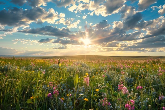 Majestic Sunlight Breaking Through Clouds Over Vast Prairie with Wildflowers   nature background photo