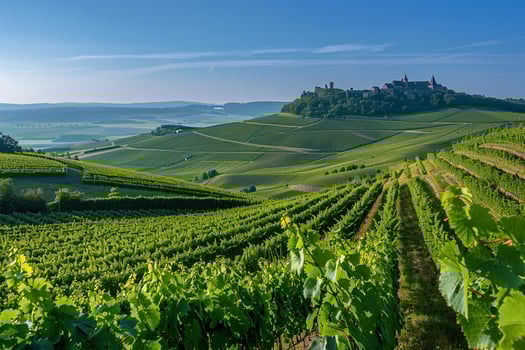 Majestic Panoramic of Rolling Hills Covered in Lush Vineyards Under Clear Blue Sky with Distant Castle on the Horizon   nature background photo