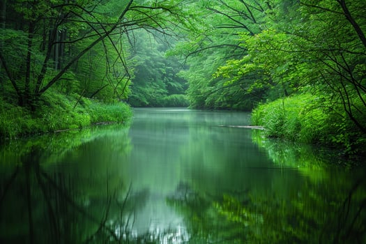 River Winding Through Peaceful Forest with Lush Green Foliage Reflecting in Clear Water Under Overcast Sky   nature background photo